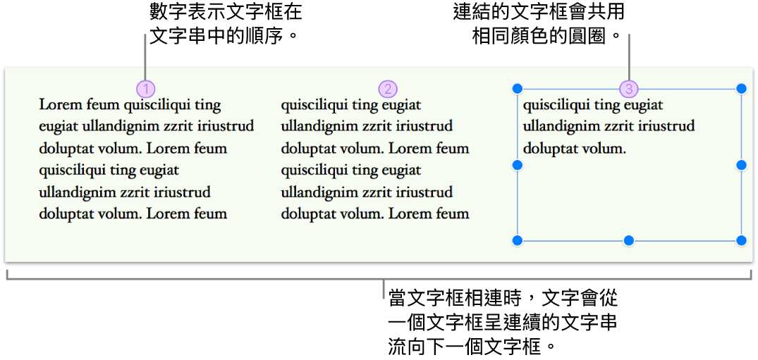 三個連結的文字框已填入文字，並在頁面上並列。每個文字框的最上方有一個含有數字的紫色圓圈，表示其在文字串中的順序。