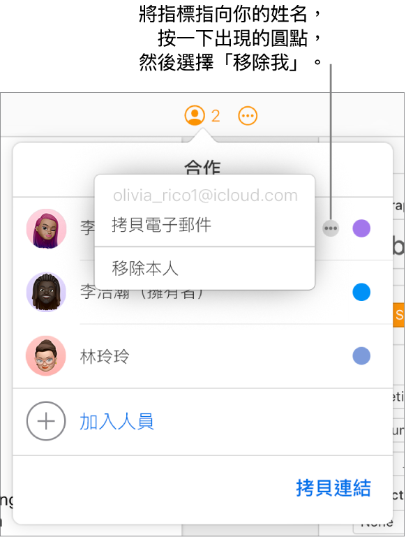 打開「合作」選單,按一下第一位參與者右側的「更多」按鈕,顯示「移除我」選項可用。