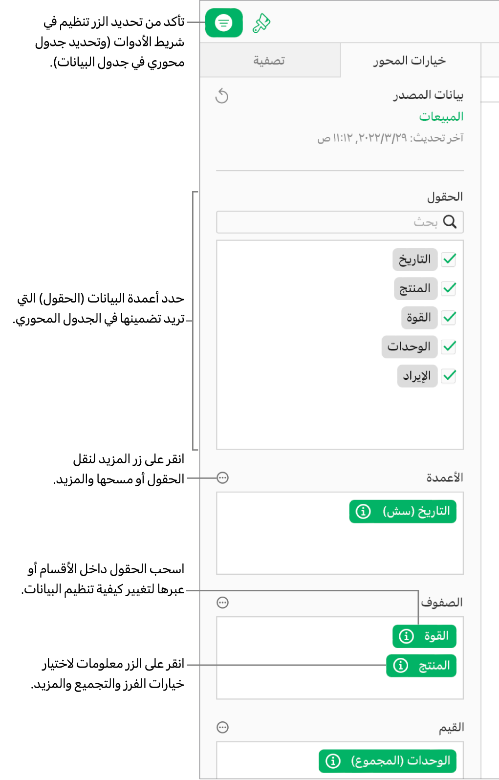 علامة التبويب "خيارات المحور" في الشريط الجانبي "تنظيم"، تعرض الحقول في أقسام الأعمدة والصفوف والقيم، بالإضافة إلى زري المعلومات والمزيد لتعديل الحقول وتحديث الجدول المحوري.
