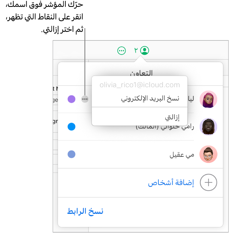 قائمة التعاون مفتوحة، مع النقر على الزر "مزيد" الموجود يسار المشارك الأول، وخيار "إزالتي" متوفر.