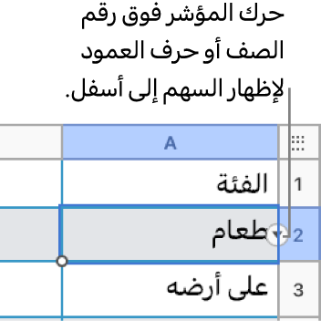 يتم تحديد رقم الصف في جدول، ويكون السهم لأسفل ظاهرًا على يساره.