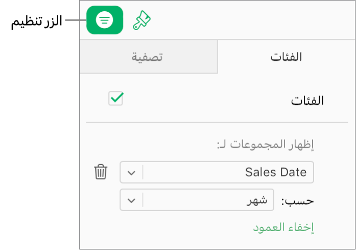 يُحدَّد الزر "تنظيم" في شريط الأدوات، وتظهر القواعد التي تصف فئة ما في علامة التبويب "فئات" في الشريط الجانبي "تنظيم". تُنظَّم البيانات حسب تاريخ البيع، ثم تُجمَّع حسب الشهر.