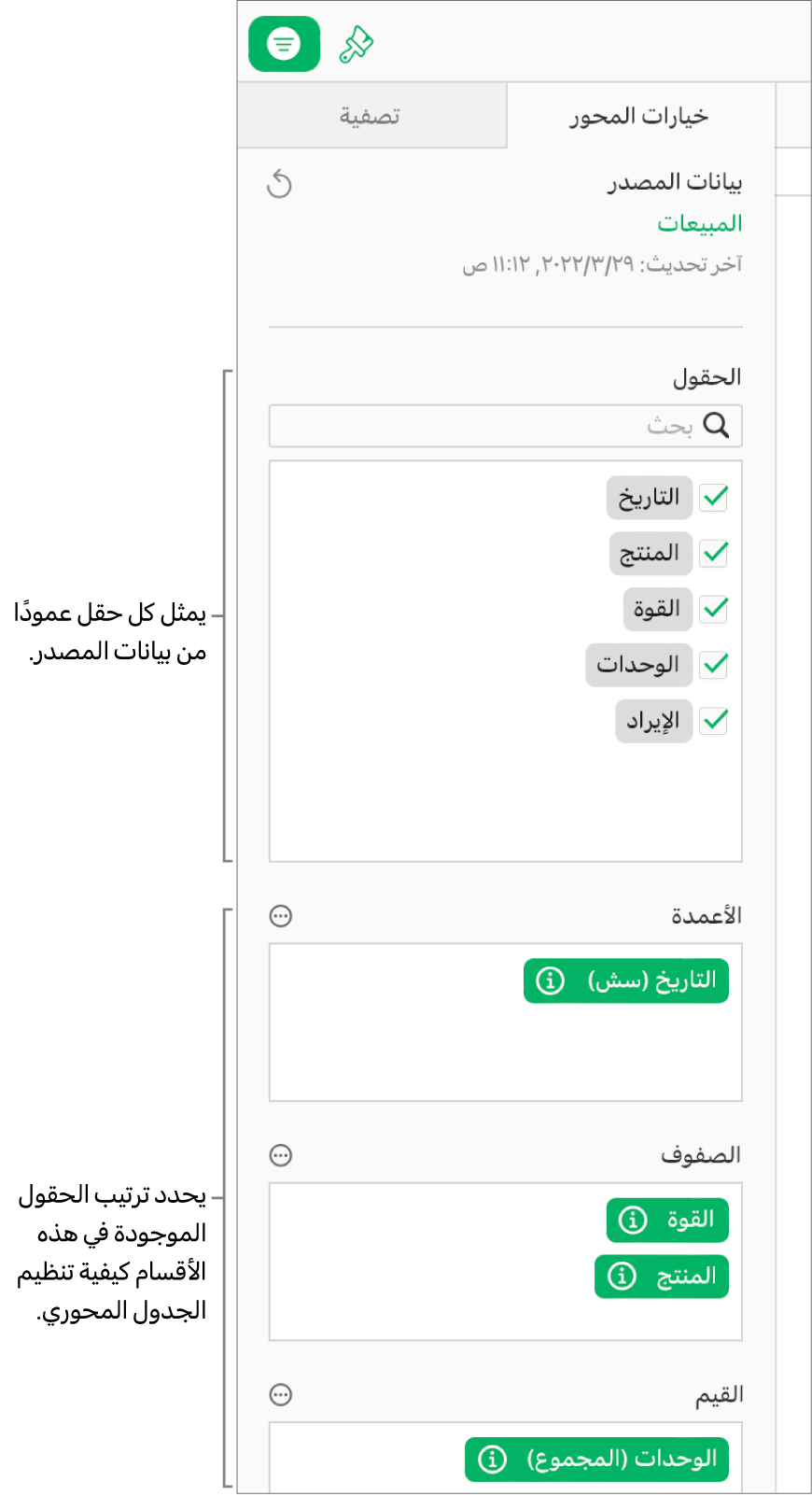 علامة التبويب "خيارات المحور" في الشريط الجانبي "تنظيم"، تعرض الحقول في أقسام الأعمدة والصفوف والقيم، بالإضافة إلى زري المزيد والمعلومات لتعديل الحقول وتحديث الجدول المحوري.