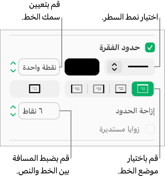 خانة اختيار "حدود الفقرة" محددة في علامة تبويب "التخطيط" في الشريط الجانبي "التنسيق"، وتظهر عناصر التحكم لتغيير نمط السطر ولونه وسُمكه وموضعه، كما يظهر خيار الإزاحة من النص أسفل خانة الاختيار.