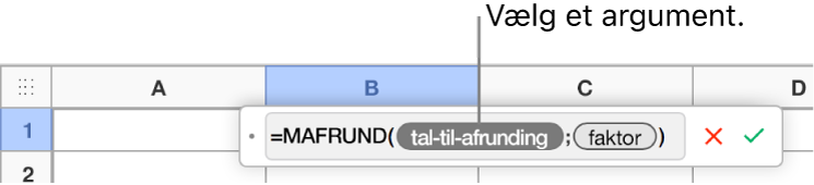 Formelværktøjet med SUM-funktionen indtastet og en billedtekst til værdiargumentmærket.