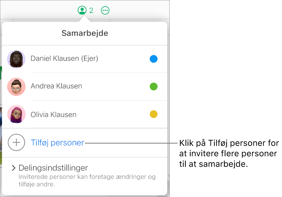 Menuen Samarbejde er åben med muligheden Tilføj personer under deltagerlisten.
