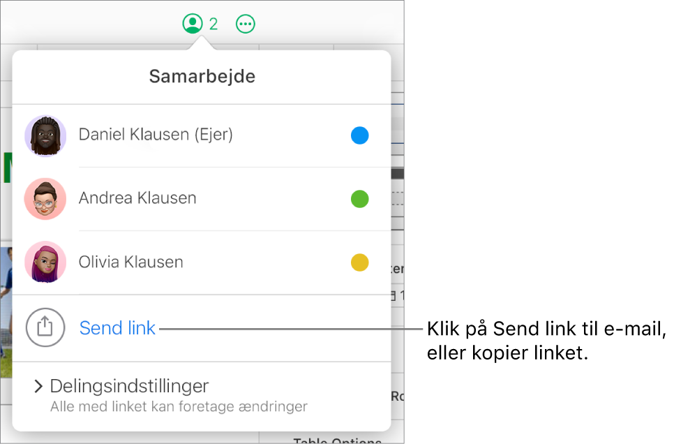 Menuen Samarbejde er åben med muligheden Send link under deltagerlisten.