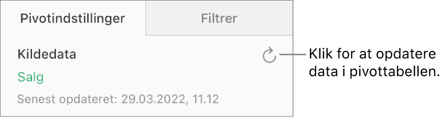 Fanen Pivotindstillinger, der viser knappen Opdater øverst til højre.