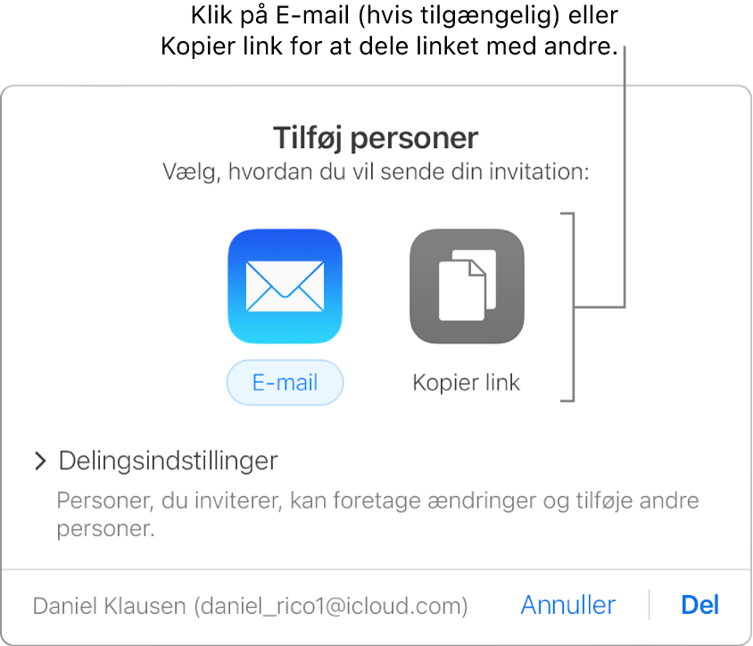 Det vindue, der vises, når du klikker på knappen Samarbejde på værktøjslinjen (før et regneark deles). Knapperne E-mail og Kopier link giver dig mulighed for at vælge, hvordan du vil dele regnearket.