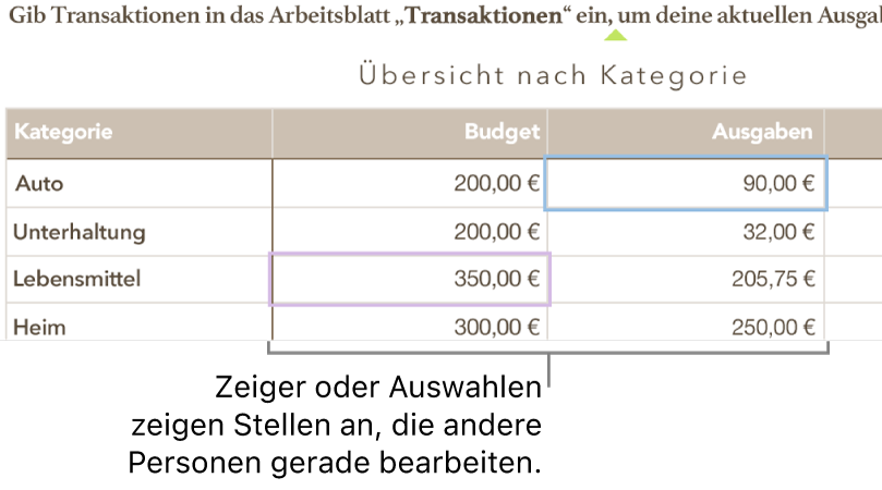 Cursor und Tabellenzellenmarkierungen, die anzeigen, an welchen Stellen andere Personen eine geteilte Tabelle bearbeiten.