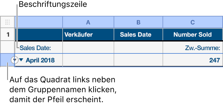 Die Zusammenfassungszeile ist in einer kategorisierten Tabelle ausgewählt und es erscheint ein Abwärtspfeil auf ihrem Rand. Die Beschriftungszeile über der Zusammenfassungszeile zeigt den Namen der Kategorie über dem Gruppennamen und den Namen einer Funktion (Zwischensumme) in der dritten Spalte an.