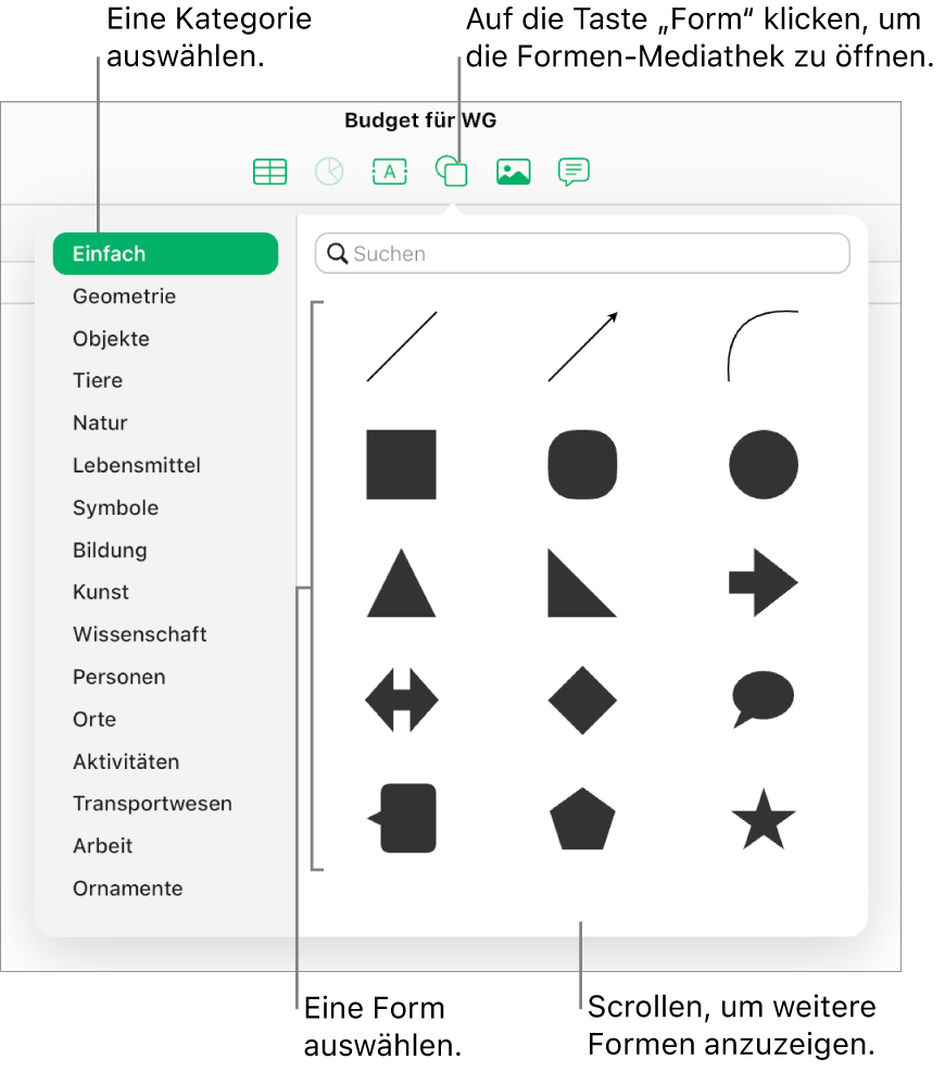 Die Formen-Mediathek ist unterhalb der Taste „Form“ in der Symbolleiste geöffnet. Die Kategorie „Einfach“ ist auf der linken Seite ausgewählt und einige gängige Formen (unter anderem Kreise, Quadrate und Linien) werden auf der rechten Seite angezeigt.