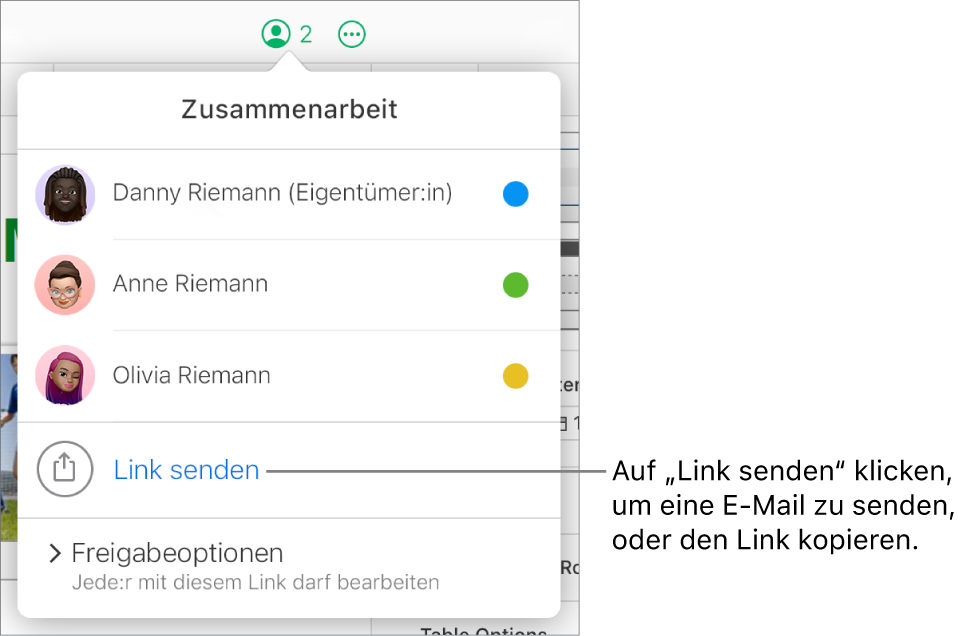 Das Menü „Zusammenarbeit“ ist geöffnet, mit einer Option „Link senden“ unter der Teilnehmerliste.