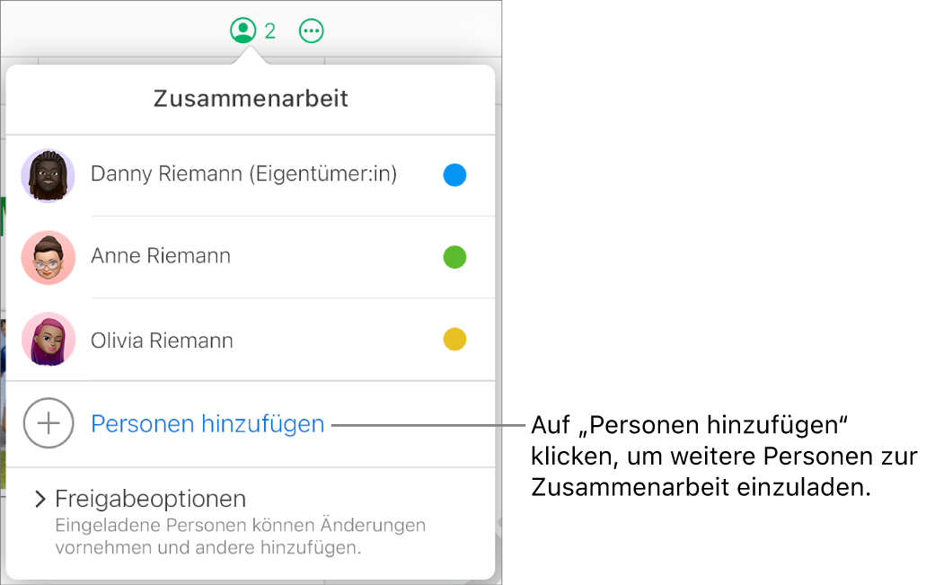 Das Menü „Zusammenarbeit“ ist geöffnet, mit einer Option „Personen hinzufügen“ unter der Teilnehmerliste.