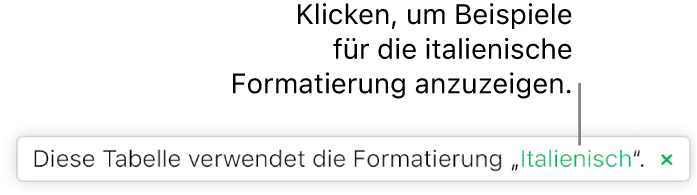 Eine Nachricht, die besagt „Diese Tabelle verwendet die Formatierung: Italienisch“.