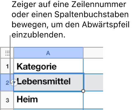 Eine Zeilennummer wurde in der Tabelle gewählt und ein Abwärtspfeil ist auf der rechten Seite nun sichtbar.