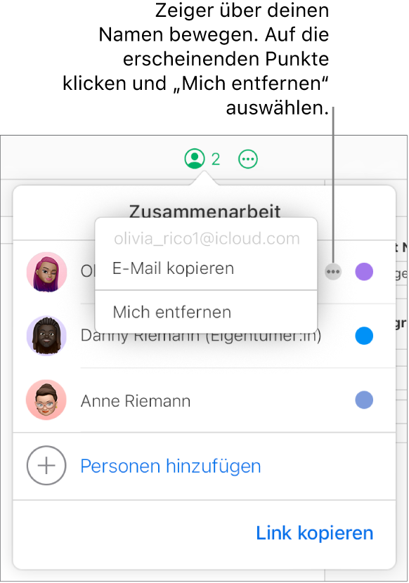 Das Menü „Zusammenarbeit“ ist geöffnet, die Taste „Mehr“ rechts neben dem ersten Teilnehmer wurde angeklickt und die Option „Mich entfernen“ ist verfügbar.
