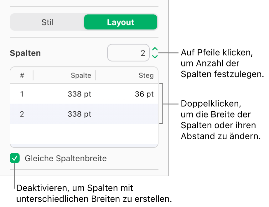 Die Steuerelemente für die Textspalten im Bereich „Layout“ der Seitenleiste „Format“.