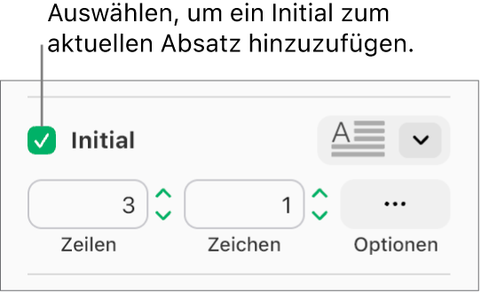 Das Feld „Initial“ ist markiert und rechts davon wird ein Einblendmenü angezeigt; Steuerelemente zur Einstellung der Zeilenhöhe, der Anzahl der Zeichen und weitere Optionen erscheinen darunter.