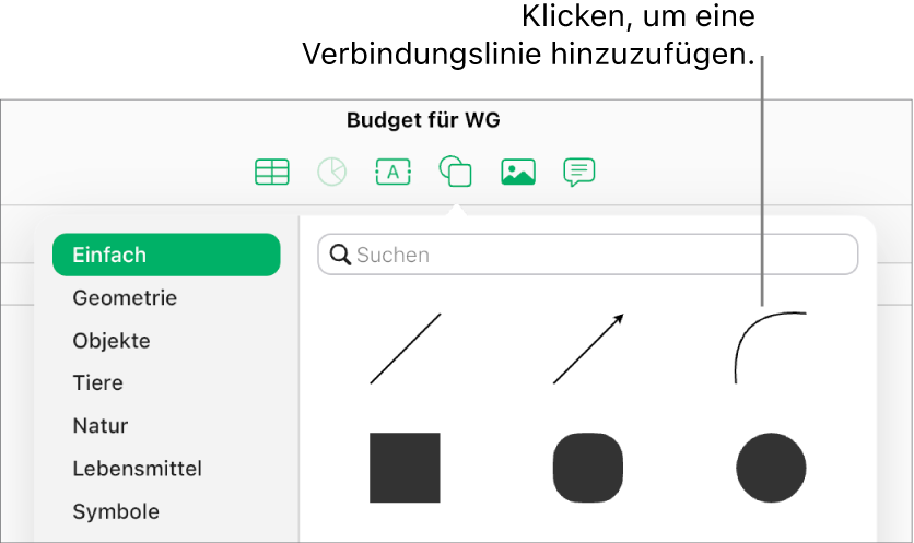 Die Formen-Mediathek ist geöffnet. Links ist „Einfach“ ausgewählt und rechts wird eine Anzahl von Linien und Formen, einschließlich einer kurvenförmigen Linie, angezeigt.