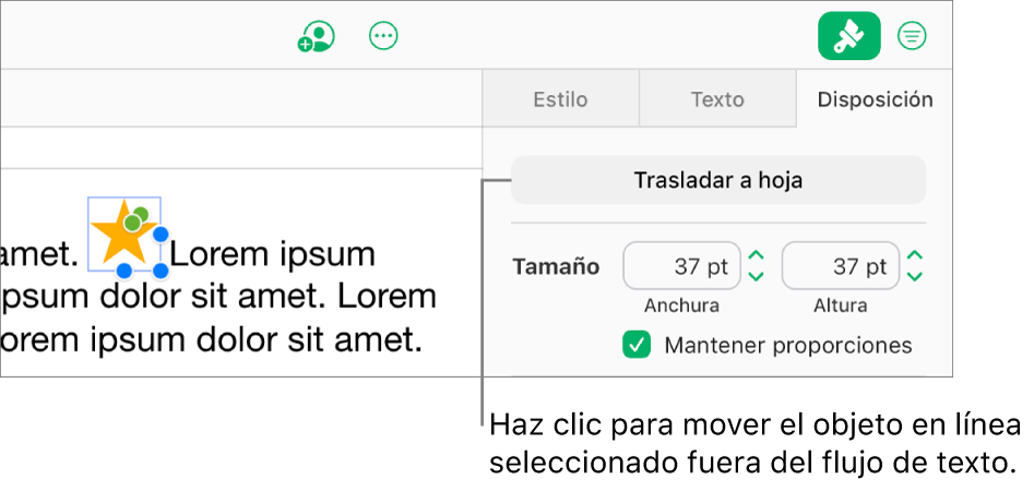Hay una imagen integrada seleccionada dentro del cuadro de texto y el botón “Mover a la hoja” está visible en la pestaña Disposición de la barra lateral.