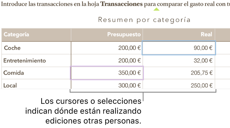 Cursores y selecciones de celdas de tabla de distintos colores que muestran dónde están editando otras personas en una hoja de cálculo compartida.