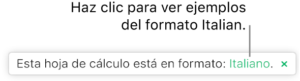 Mensaje que dice “Esta hoja de cálculo utiliza el formato italiano”.