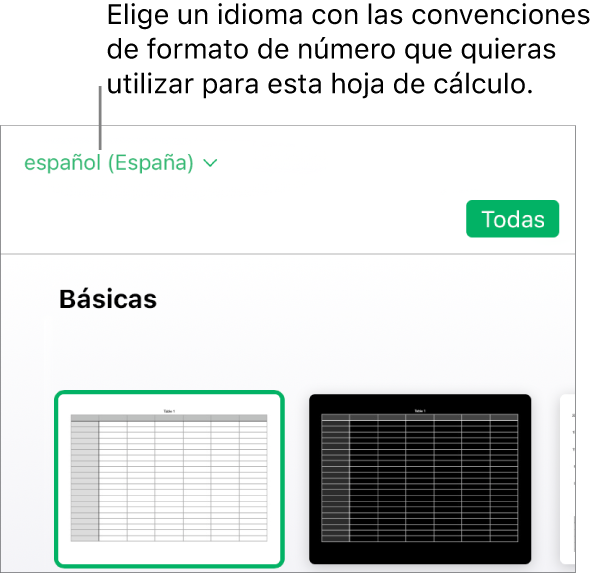 El menú emergente de la esquina superior izquierda del selector de plantillas con la opción Inglés (Estados Unidos) seleccionada.