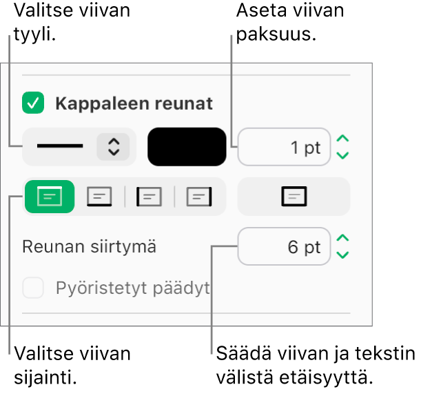 Kappaleen reunat ‑valintaneliö on valittu Muoto-sivupalkin Asettelu-välilehdellä. Valintaneliön alapuolella näytetään säätimet, joilla voi muuttaa viivan tyyliä, väriä, paksuutta, sijaintia ja tekstiin jätettävää väliä.