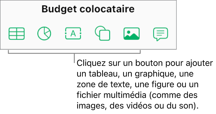 Les boutons Tableau, Graphique, Texte, Figure et Données multimédia dans la barre d’outils.