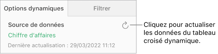 L’onglet Options du tableau croisé dynamique indique le bouton Actualiser en haut à droite.