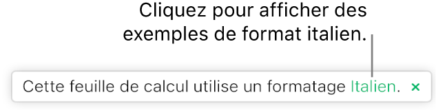 Message indiquant « Le format de cette feuille de calcul est : italien ».