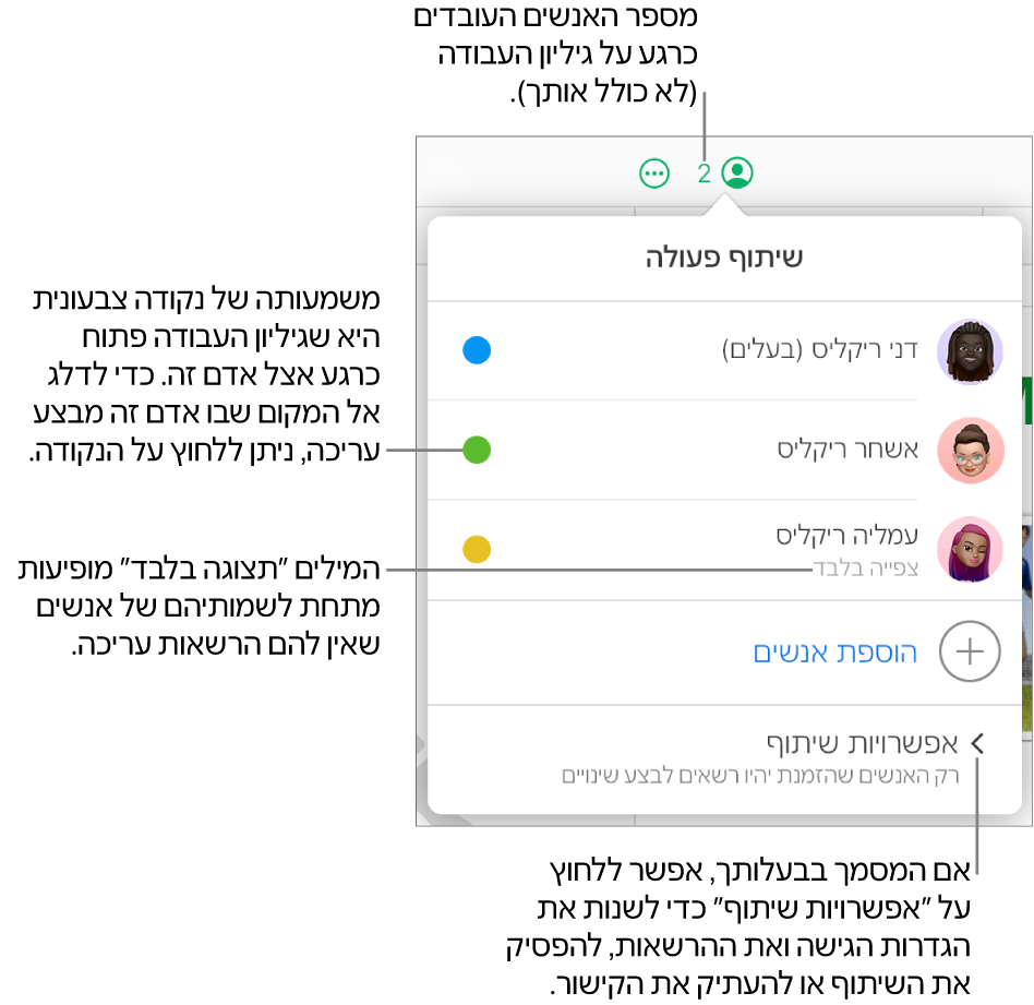 התפריט ״שיתוף פעולה״ פתוח, עם רשימה של שלושה משתתפים (אחד מהם עם הרשאת גישה ״לצפייה בלבד״), עם האפשרות ״הוספת אנשים״ ועם המקטע ״אפשרויות שיתוף״ שבו הבעלים יכולים לשנות את הגדרות הגישה וההרשאות.