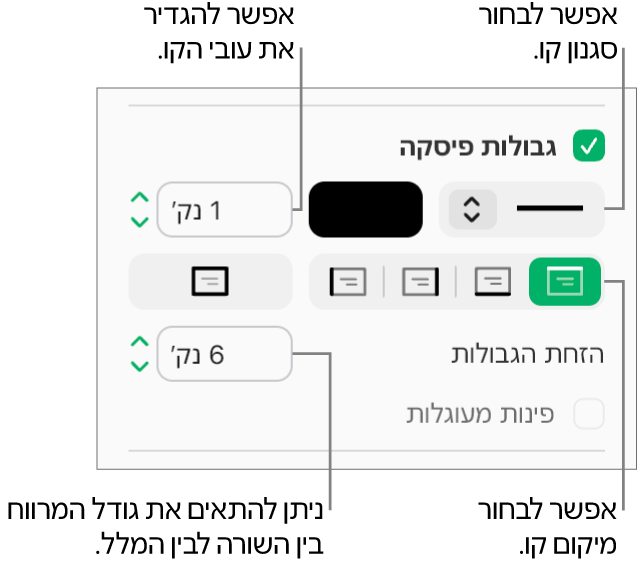 תיבת הסימון ״גבולות פסקה״ נבחרת בכרטיסיה ״פריסה״ בסרגל הצד ״עיצוב״ ופקדים לשינוי הסגנון, הצבע, העובי, המיקום וההיסט של הקו מהמלל מוצגים מתחת לתיבת הסימון.