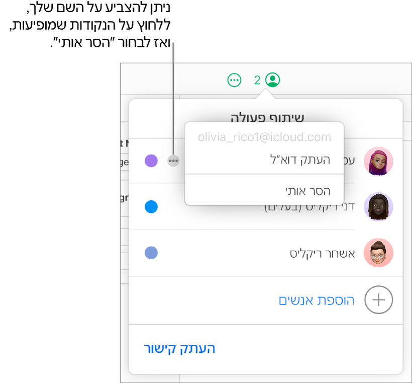 התפריט ״שיתוף פעולה״ פתוח, עם הכפתור ״עוד״ לצד המשתתף הראשון שמסומן והאפשרות ״הסר אותי״ זמינה לבחירה.
