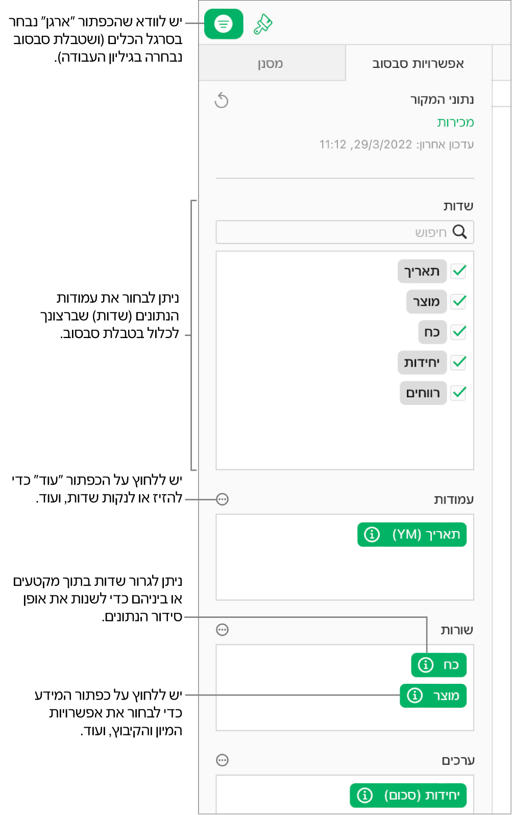 הכרטיסייה ״אפשרויות סבסוב״ בסרגל הצד ״ארגן״ מציגה שדות במקטעים ״עמודות״, ״שורות״ ו״ערכים״. בנוסף מוצגים הכפתורים ״פרטים״ ו״עוד״ שמאפשרים לערוך את השדות ולרענן את טבלת הסבסוב.