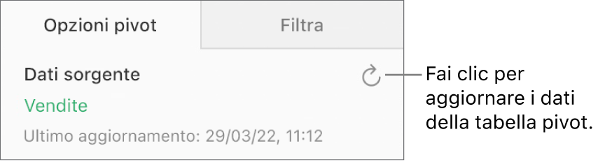 Il pannello “Opzioni pivot” che mostra il pulsante Aggiorna in alto a destra.