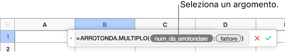 L’editor di formule con la funzione SOMMA inserita e una didascalia sul token dell’argomento del valore.