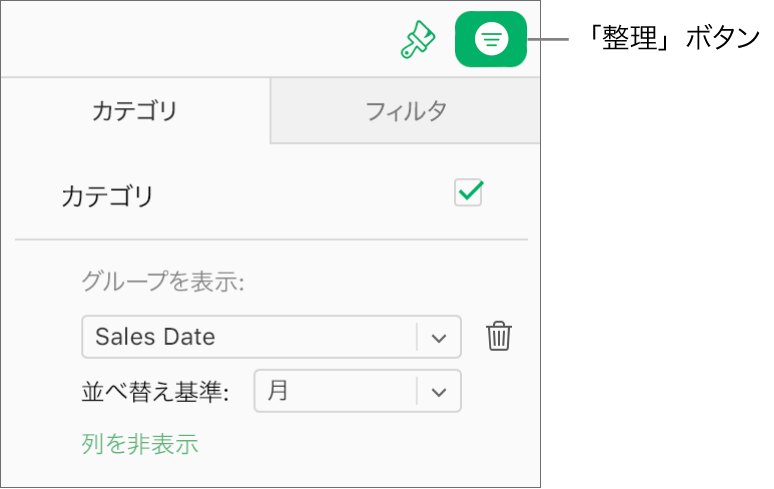 ツールバーで「整理」ボタンが選択され、「整理」サイドバーの「カテゴリ」タブに、カテゴリについて記述するルールが表示されています。データは現在「Sales Date(売上日)」に基づいて整理されており、月でグループ化されています。