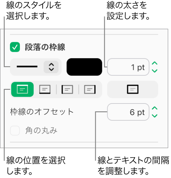 「フォーマット」サイドバーの「レイアウト」タブで「段落の枠線」チェックボックスが選択され、チェックボックスの下には線のスタイル、カラー、太さ、テキストからのオフセットを変更するためのコントロールが表示されています。