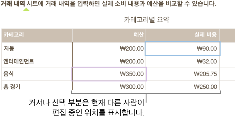 다른 사람이 공유 스프레드시트에서 편집하고 있는 위치를 표시하는 다른 색상의 커서 및 표 셀 선택.