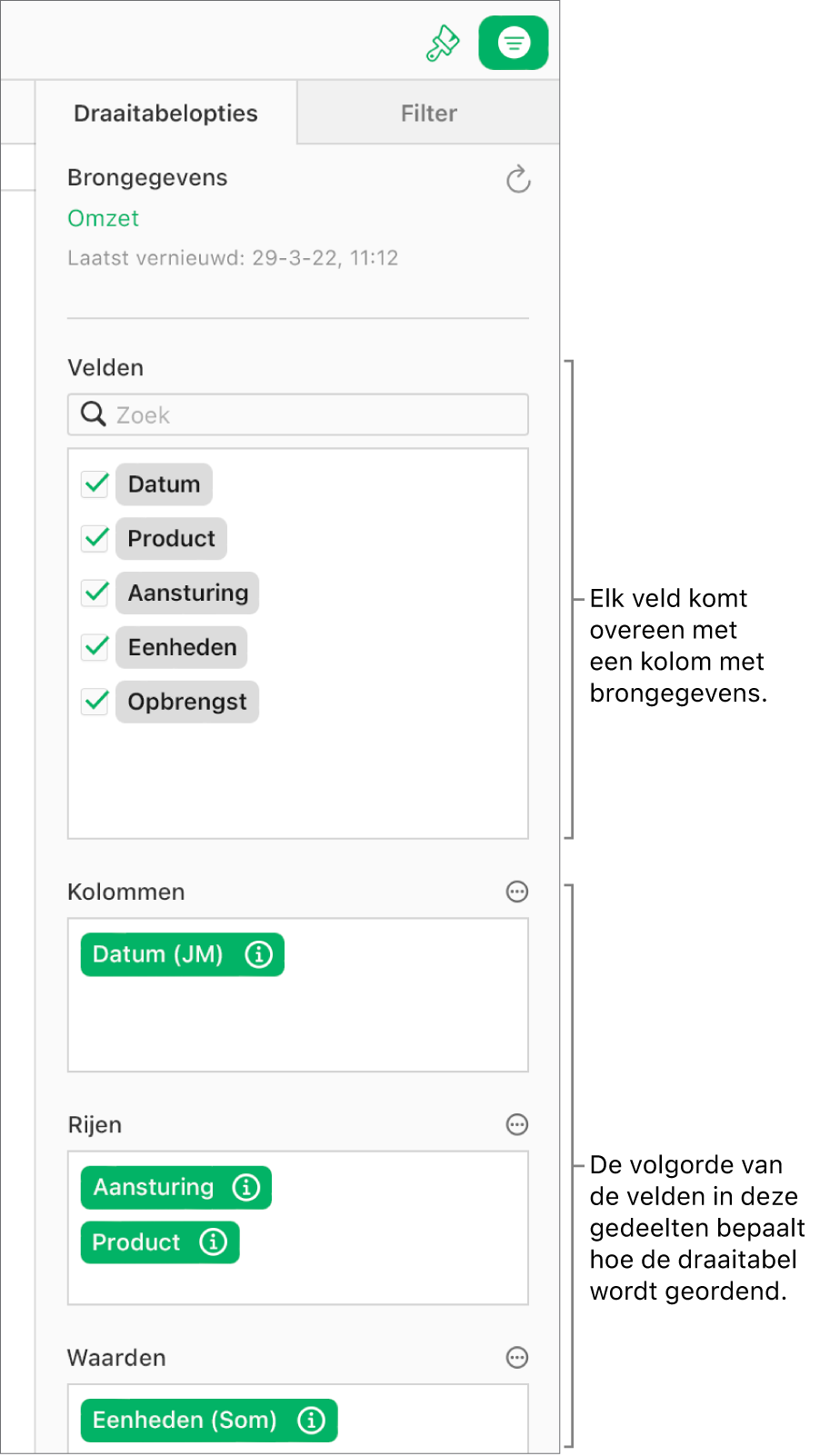 Het tabblad 'Draaitabelopties' in de navigatiekolom 'Organiseer' toont velden in de secties 'Kolommen', 'Rijen' en 'Waarden', evenals de knoppen 'Meer' en 'Info' om de velden te bewerken en de draaitabel te vernieuwen.