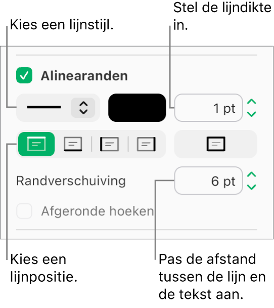 Het aankruisvak 'Alinearanden' is ingeschakeld in het tabblad 'Lay-out' van de navigatiekolom 'Opmaak'. De regelaars voor de lijnstijl, kleur, dikte, positie en afstand tot de tekst worden onder het aankruisvak weergegeven.