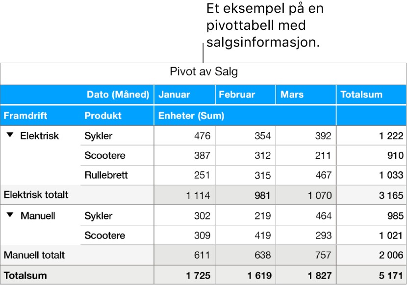 En pivottabell som oppsummerer data om sykler, sparkesykler og rullebrett, med kontroller for å vise visse data.