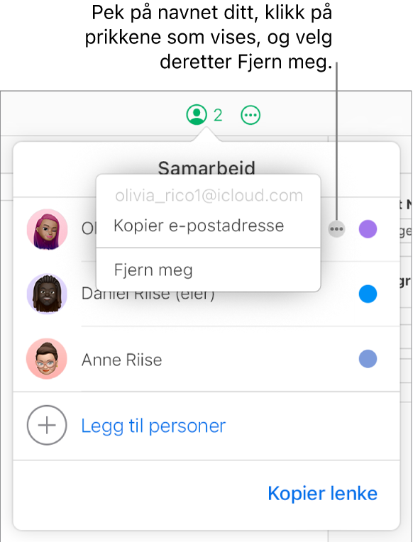 Samarbeid-menyen er åpen, det er klikket på Mer-knappen til høyre for den første deltakeren, og Fjern meg-valget er tilgjengelig.