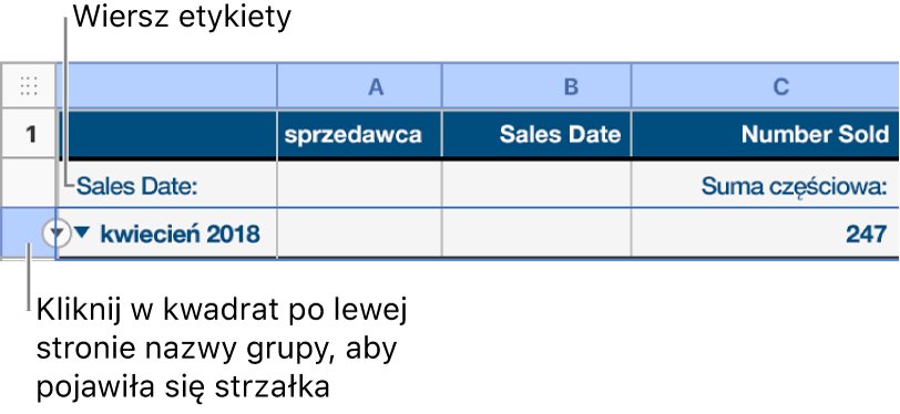 Wiersz podsumowania zaznaczony w tabeli podzielonej na kategorie i strzałka w dół, która pojawia się na jego krawędzi. Wiersz etykiety nad wierszem podsumowania wyświetla nazwę kategorii nad nazwą grupy oraz nazwę funkcji — Suma częściowa — w trzeciej kolumnie.