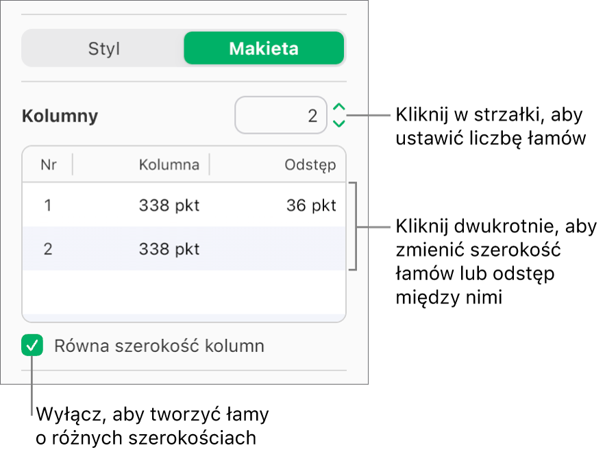 Narzędzia kolumny tekstowej w panelu Makieta paska bocznego Format.