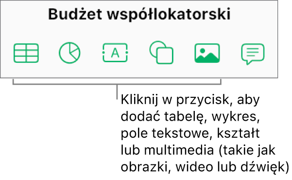 Przyciski Tabela, Wykres, Tekst, Kształt i Multimedia na pasku narzędzi.