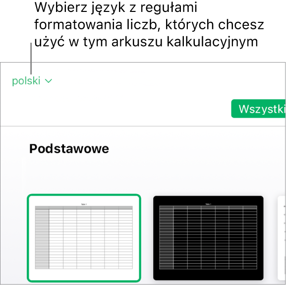 Menu podręczne w lewej górnej części palety szablonów z wybraną opcją Angielski (USA).
