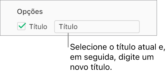 Na secção "Opções de gráficos” da barra lateral “Formatação”, a opção “Título” está assinalada. O campo de texto à direita da opção assinalável mostra o marcador de posição de título do gráfico, “Título”.